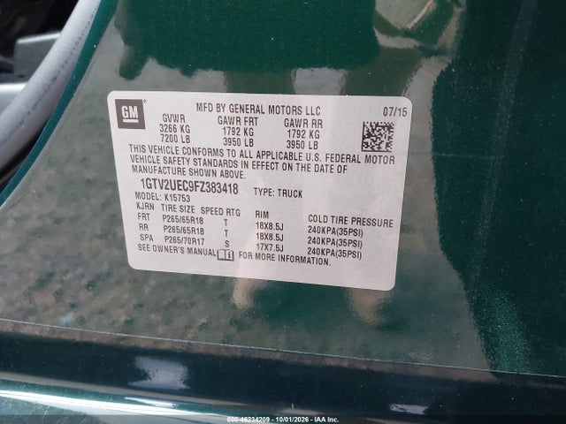 46234209 :رقم المزاد ، 1GTV2UEC9FZ383418 vin ، 2015 Gmc Sierra 1500 Sle مزاد بيع