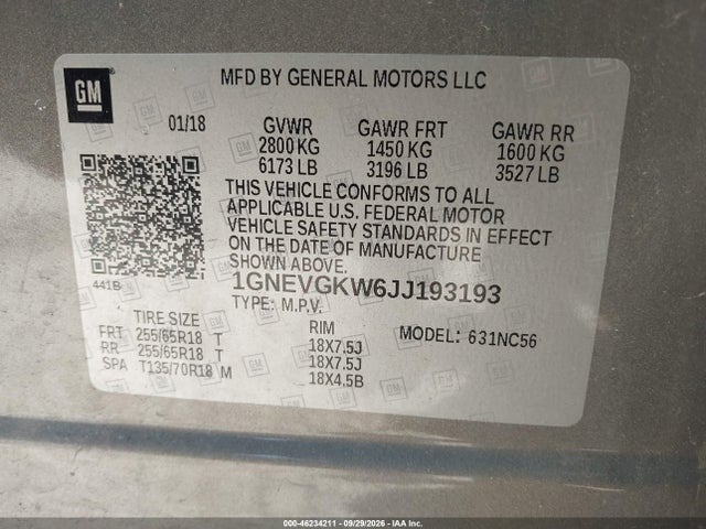 Aukcja sprzedaży 2018 Chevrolet Traverse 1lt, vin: 1GNEVGKW6JJ193193, numer aukcji: 46234211