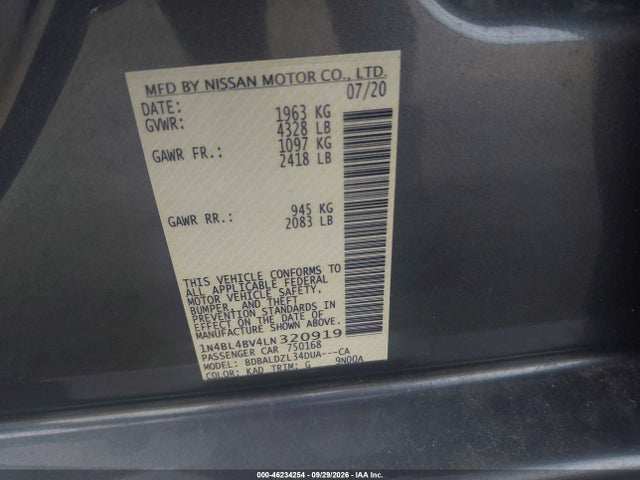 46234254 :رقم المزاد ، 1N4BL4BV4LN320919 vin ، 2020 Nissan Altima S Fwd مزاد بيع