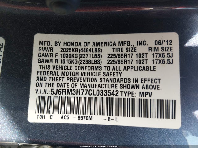 Продажа на аукционе авто 2012 Honda Cr-v Ex-l, vin: 5J6RM3H77CL033542, номер лота: 46234259