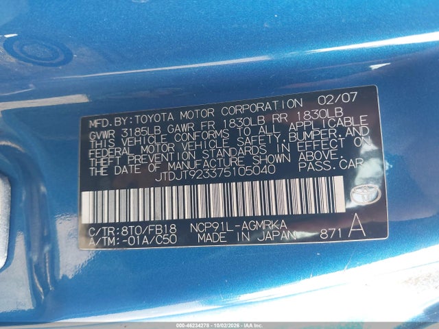 Aukcja sprzedaży 2007 Toyota Yaris, vin: JTDJT923375105040, numer aukcji: 46234278