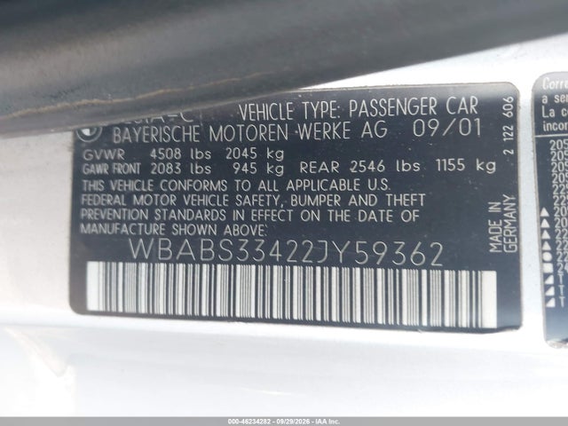 2002 Bmw 325ci მანქანა იყიდება აუქციონზე, vin: WBABS33422JY59362, აუქციონის ნომერი: 46234282