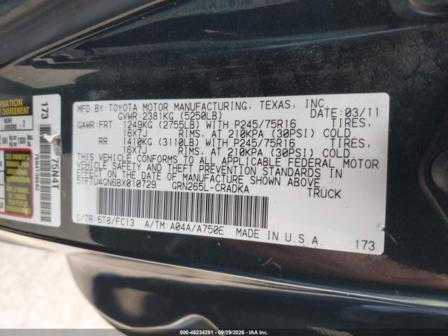 46234291 :رقم المزاد ، 5TFTU4GN6BX010729 vin ، 2011 Toyota Tacoma Prerunner V6 مزاد بيع
