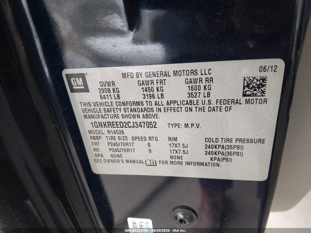 46234294 :رقم المزاد ، 1GNKREED2CJ347052 vin ، 2012 Chevrolet Traverse Ls مزاد بيع