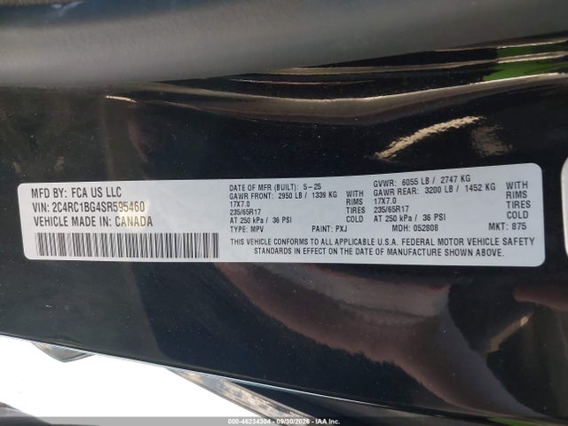 Продажа на аукционе авто 2025 Chrysler Pacifica Select, vin: 2C4RC1BG4SR595460, номер лота: 46234304