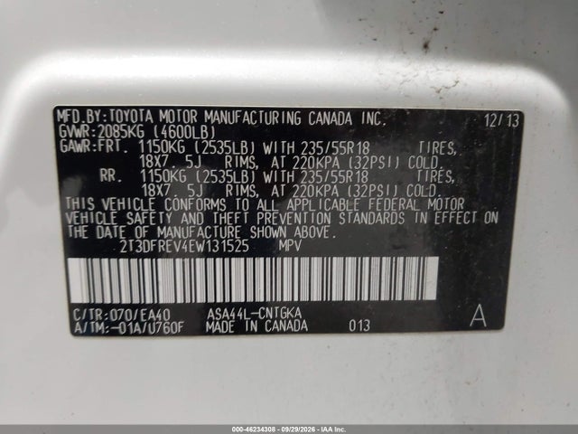 Aukcja sprzedaży 2014 Toyota Rav4 Limited, vin: 2T3DFREV4EW131525, numer aukcji: 46234308