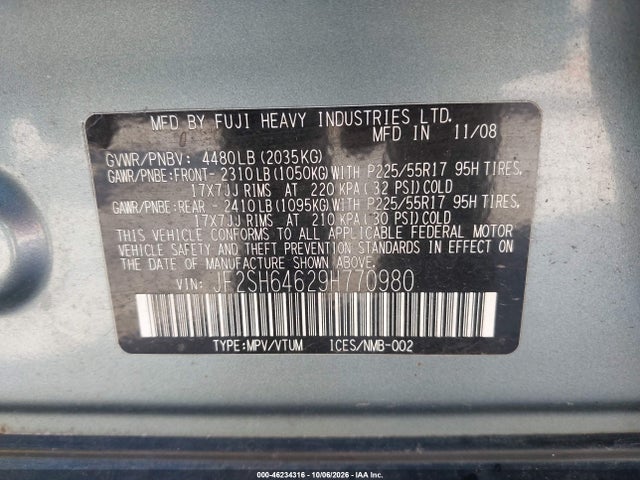 2009 Subaru Forester 2.5x Limited მანქანა იყიდება აუქციონზე, vin: JF2SH64629H770980, აუქციონის ნომერი: 46234316