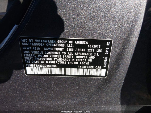 Aukcja sprzedaży 2016 Volkswagen Passat 1.8t Se, vin: 1VWBT7A33GC008830, numer aukcji: 46234321