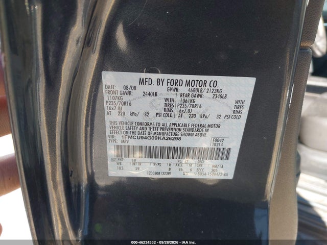 Продажа на аукционе авто 2009 Ford Escape Limited, vin: 1FMCU94G09KA26298, номер лота: 46234332