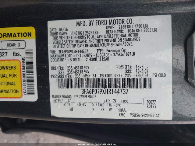 Aukcja sprzedaży 2017 Ford Fusion Se, vin: 3FA6P0T9XHR144737, numer aukcji: 46234337