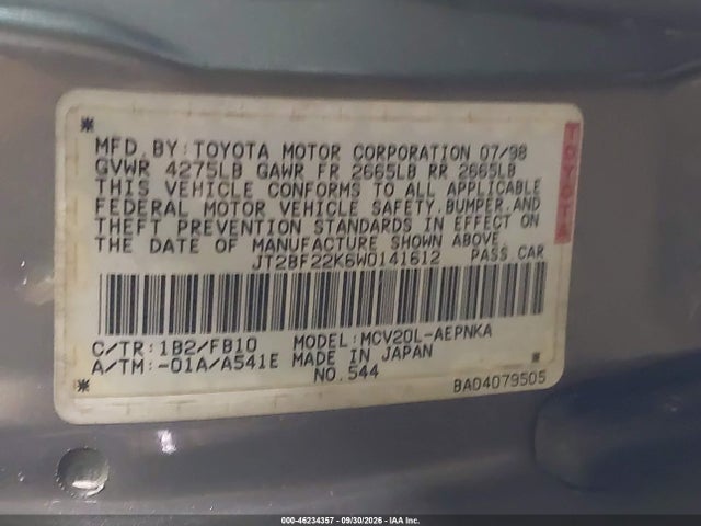 46234357 :رقم المزاد ، JT2BF22K6W0141612 vin ، 1998 Toyota Camry Ce/le/xle مزاد بيع