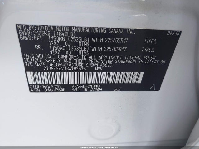 Продажа на аукционе авто 2016 Toyota Rav4 Xle, vin: 2T3RFREV1GW483535, номер лота: 46234367