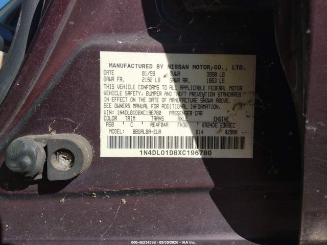 Aukcja sprzedaży 1999 Nissan Altima Xe/gxe/se/gle, vin: 1N4DL01D8XC196780, numer aukcji: 46234398