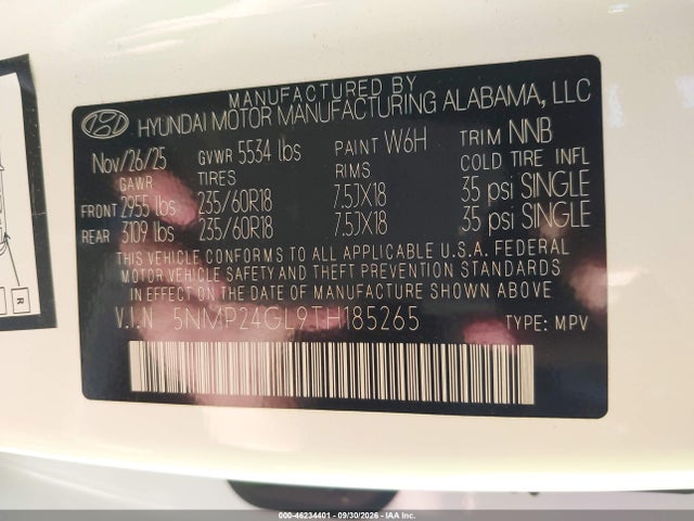 2026 Hyundai Santa Fe Sel მანქანა იყიდება აუქციონზე, vin: 5NMP24GL9TH185265, აუქციონის ნომერი: 46234401