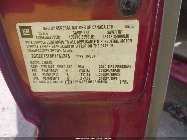 46234405 :رقم المزاد ، 2GCEC13T661161345 vin ، 2006 Chevrolet Silverado 1500 Lt3 مزاد بيع