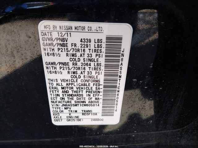 Aukcja sprzedaży 2012 Nissan Rogue S, vin: JN8AS5MT1CW605814, numer aukcji: 46234414