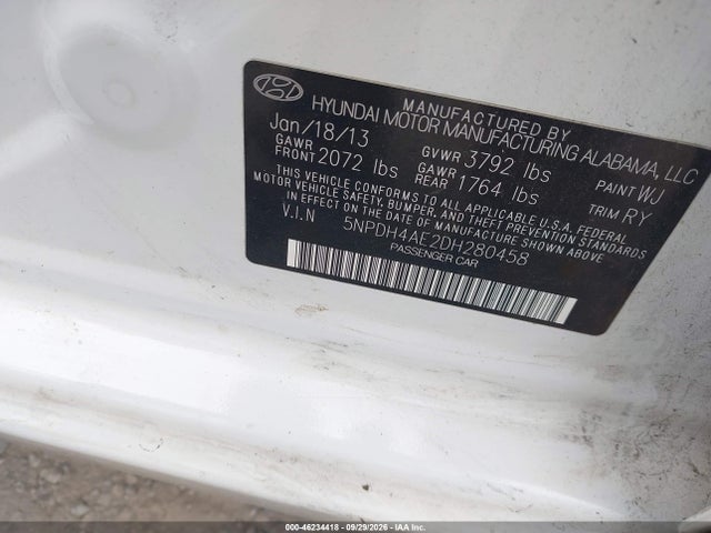 Продажа на аукционе авто 2013 Hyundai Elantra Limited, vin: 5NPDH4AE2DH280458, номер лота: 46234418