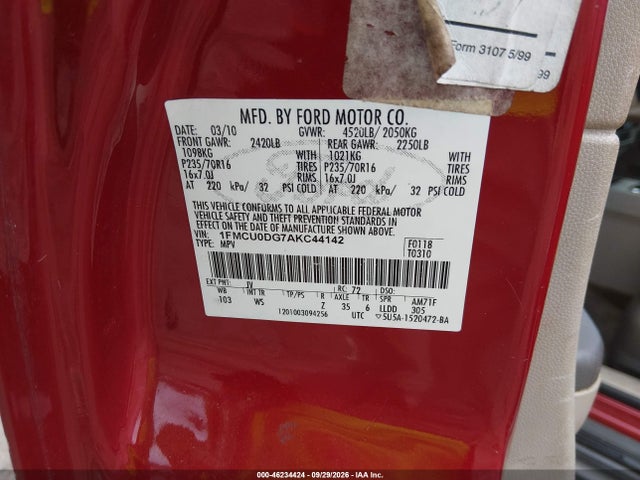 2010 Ford Escape Xlt მანქანა იყიდება აუქციონზე, vin: 1FMCU0DG7AKC44142, აუქციონის ნომერი: 46234424