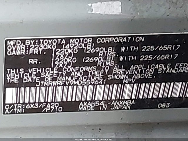 46234439 :رقم المزاد ، JTMRWRFV9MD559641 vin ، 2021 Toyota Rav4 Hybrid Xle مزاد بيع