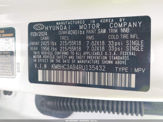 46234469 :رقم المزاد ، KM8HC3AB4RU135432 vin ، 2024 Hyundai Kona Sel مزاد بيع