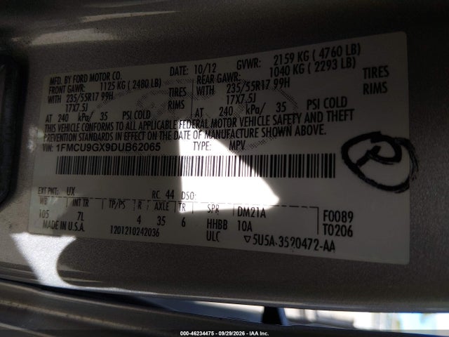 Продажа на аукционе авто 2013 Ford Escape Se, vin: 1FMCU9GX9DUB62065, номер лота: 46234475