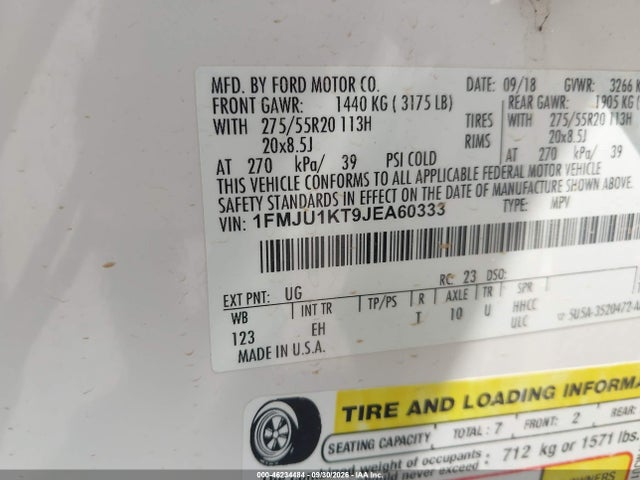 46234484 :رقم المزاد ، 1FMJU1KT9JEA60333 vin ، 2018 Ford Expedition Limited مزاد بيع