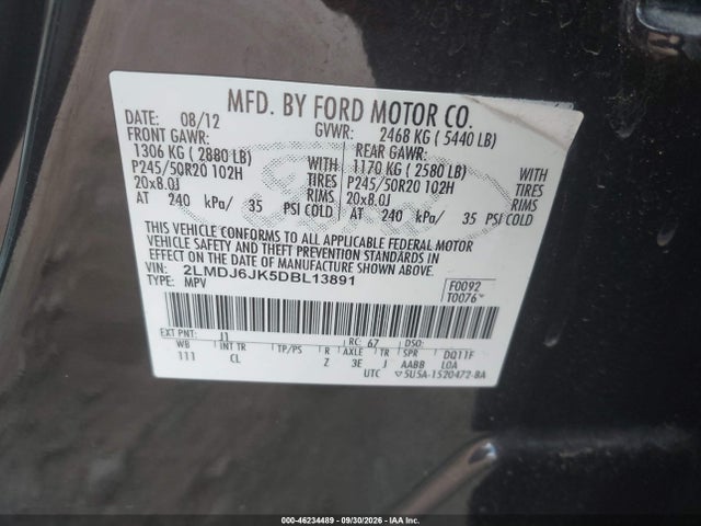 Aukcja sprzedaży 2013 Lincoln Mkx, vin: 2LMDJ6JK5DBL13891, numer aukcji: 46234489