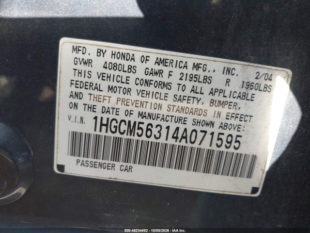 46234492 :رقم المزاد ، 1HGCM56314A071595 vin ، 2004 Honda Accord 2.4 Lx مزاد بيع