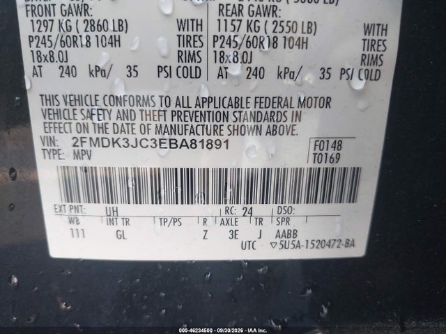 2014 Ford Edge Sel მანქანა იყიდება აუქციონზე, vin: 2FMDK3JC3EBA81891, აუქციონის ნომერი: 46234500