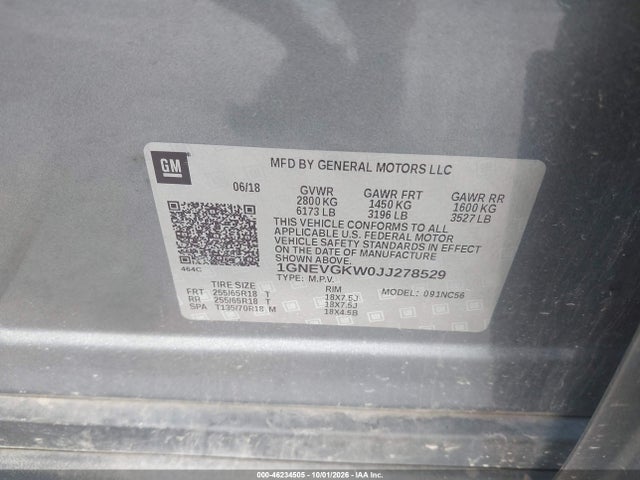 46234505 :رقم المزاد ، 1GNEVGKW0JJ278529 vin ، 2018 Chevrolet Traverse 1lt مزاد بيع