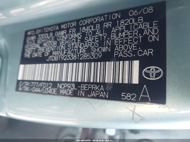 Aukcja sprzedaży 2008 Toyota Yaris, vin: JTDBT923381285309, numer aukcji: 46234506