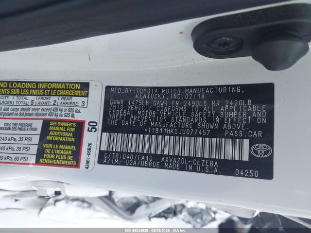 2018 Toyota Camry L მანქანა იყიდება აუქციონზე, vin: 4T1B11HK0JU077457, აუქციონის ნომერი: 46234528