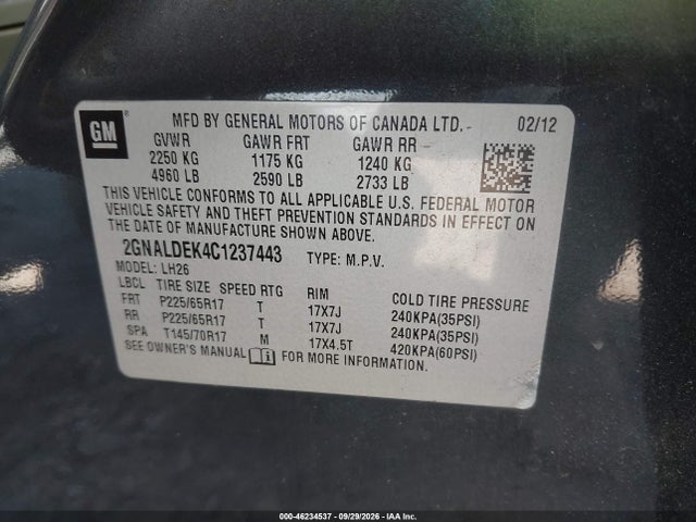 Aukcja sprzedaży 2012 Chevrolet Equinox 1lt, vin: 2GNALDEK4C1237443, numer aukcji: 46234537