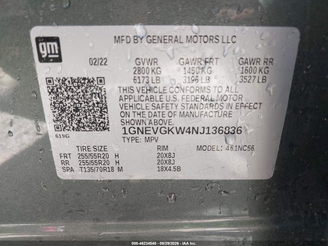 Aukcja sprzedaży 2022 Chevrolet Traverse Awd Lt Cloth, vin: 1GNEVGKW4NJ136836, numer aukcji: 46234540