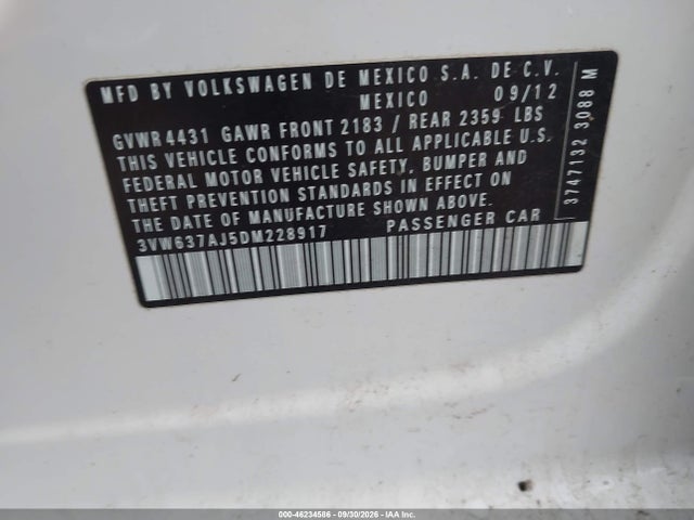46234586 :رقم المزاد ، 3VW637AJ5DM228917 vin ، 2013 Volkswagen Jetta Hybrid Sel مزاد بيع