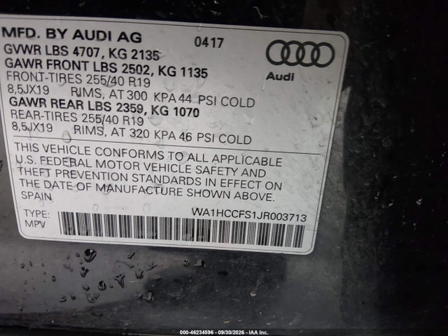 Продаж на аукціоні авто 2018 Audi Q3 2.0t Premium/2.0t Sport Premium, vin: WA1HCCFS1JR003713, номер лоту: 46234596