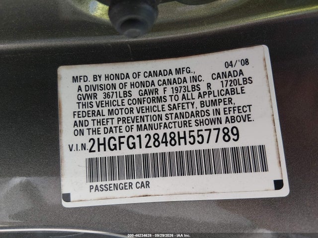 Продаж на аукціоні авто 2008 Honda Civic Ex, vin: 2HGFG12848H557789, номер лоту: 46234628