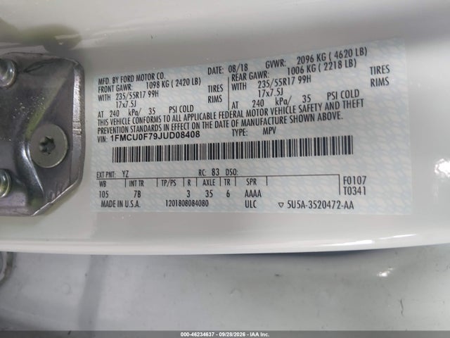 Продаж на аукціоні авто 2018 Ford Escape S, vin: 1FMCU0F79JUD08408, номер лоту: 46234637