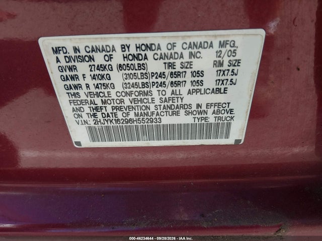Продаж на аукціоні авто 2006 Honda Ridgeline Rt, vin: 2HJYK16296H552933, номер лоту: 46234644