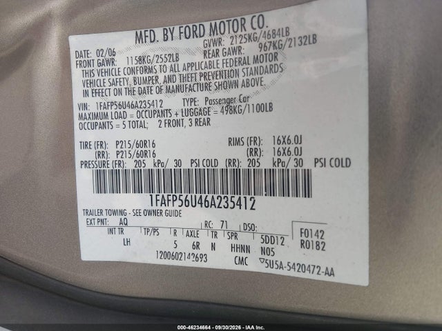 Продажа на аукционе авто 2006 Ford Taurus Sel, vin: 1FAFP56U46A235412, номер лота: 46234664