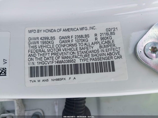 Aukcja sprzedaży 2021 Honda Accord Lx, vin: 1HGCV1F14MA038952, numer aukcji: 46234673