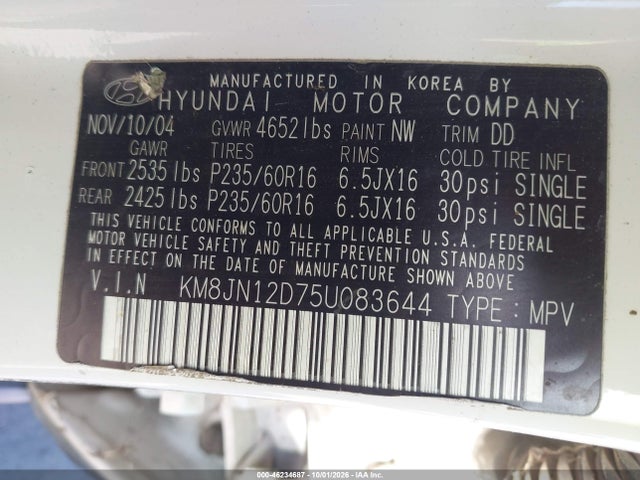 2005 Hyundai Tucson Gls/lx მანქანა იყიდება აუქციონზე, vin: KM8JN12D75U083644, აუქციონის ნომერი: 46234687