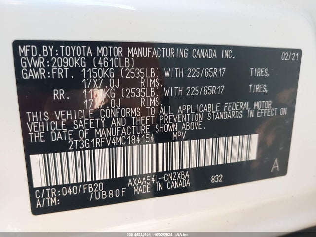 46234691 :رقم المزاد ، 2T3G1RFV4MC184154 vin ، 2021 Toyota Rav4 Le مزاد بيع