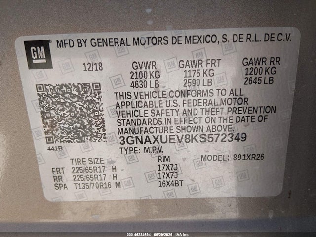 Продажа на аукционе авто 2019 Chevrolet Equinox Lt, vin: 3GNAXUEV8KS572349, номер лота: 46234694