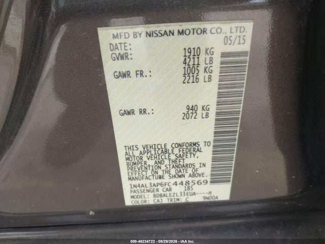 Продажа на аукционе авто 2015 Nissan Altima 2.5 S, vin: 1N4AL3AP6FC448569, номер лота: 46234722