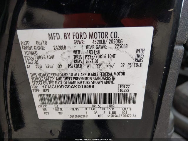 Aukcja sprzedaży 2010 Ford Escape Xlt, vin: 1FMCU0DG9AKD19598, numer aukcji: 46234734