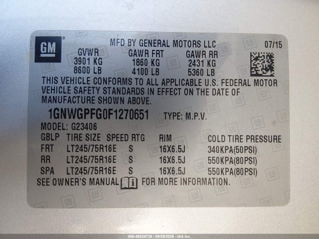 Продаж на аукціоні авто 2015 Chevrolet Express 2500 Ls, vin: 1GNWGPFG0F1270651, номер лоту: 46234739