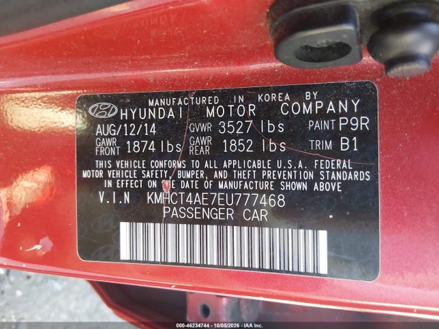 46234744 :رقم المزاد ، KMHCT4AE7EU777468 vin ، 2014 Hyundai Accent Gls مزاد بيع