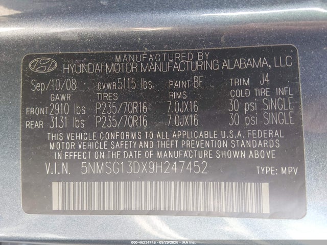 2009 Hyundai Santa Fe Gls მანქანა იყიდება აუქციონზე, vin: 5NMSG13DX9H247452, აუქციონის ნომერი: 46234746