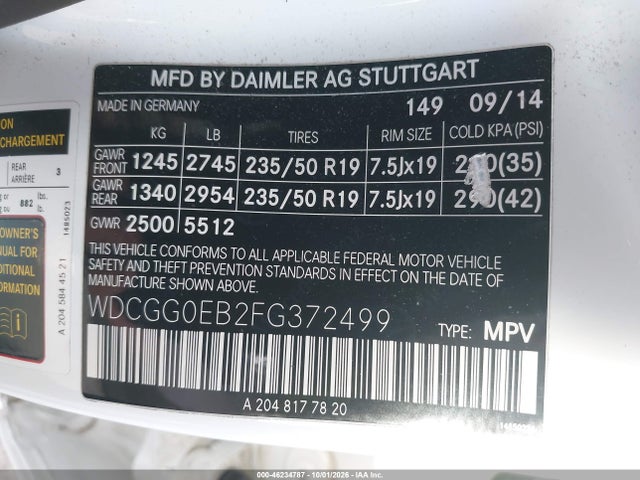 46234787 :رقم المزاد ، WDCGG0EB2FG372499 vin ، 2015 Mercedes-benz Glk 250 Bluetec 4matic مزاد بيع